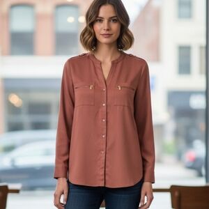 Rust Button-Up Blouse with Zipper Pockets